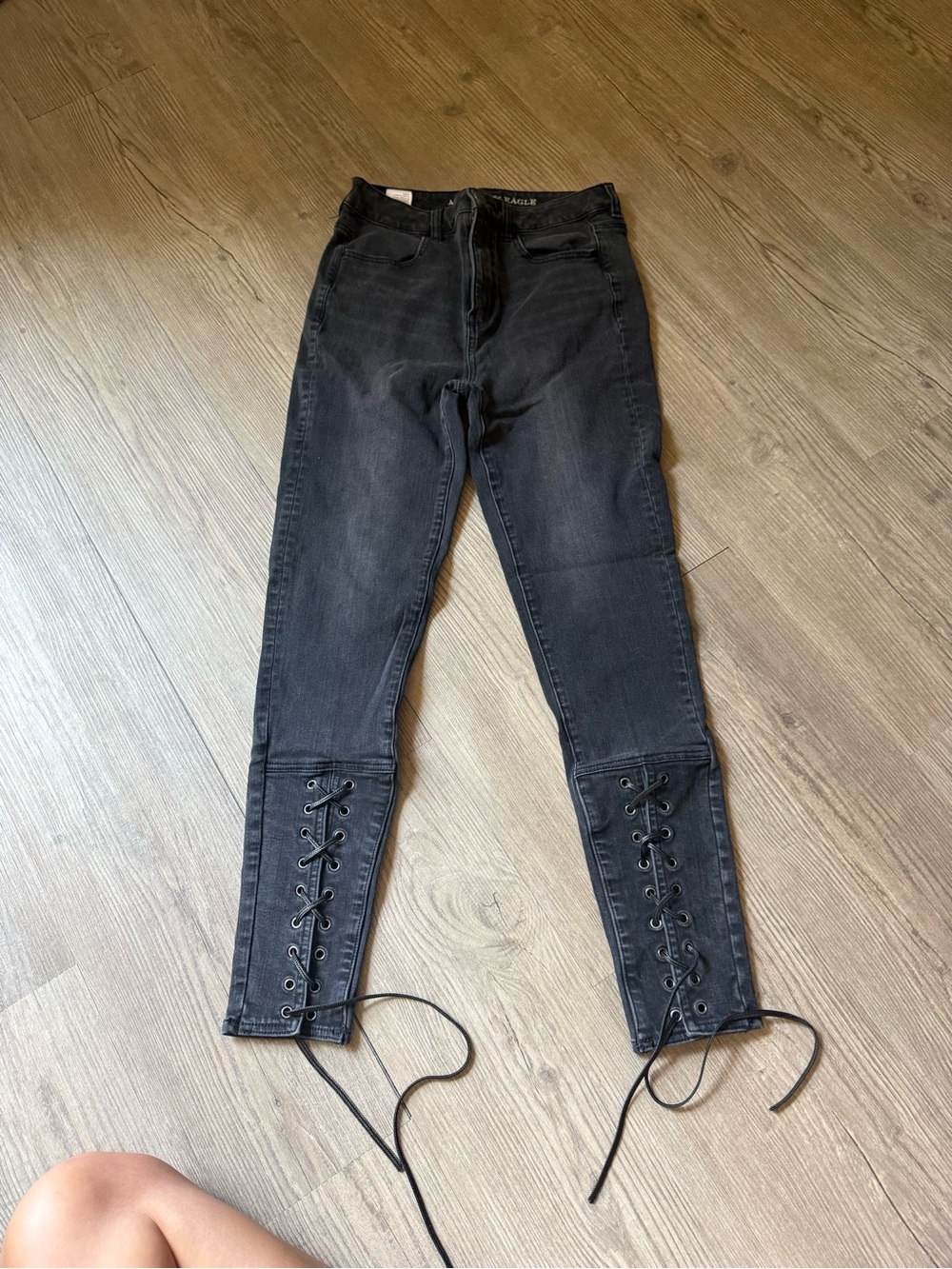 American Eagle Outfitters Black Lace-Up Hem Skinny Jeans